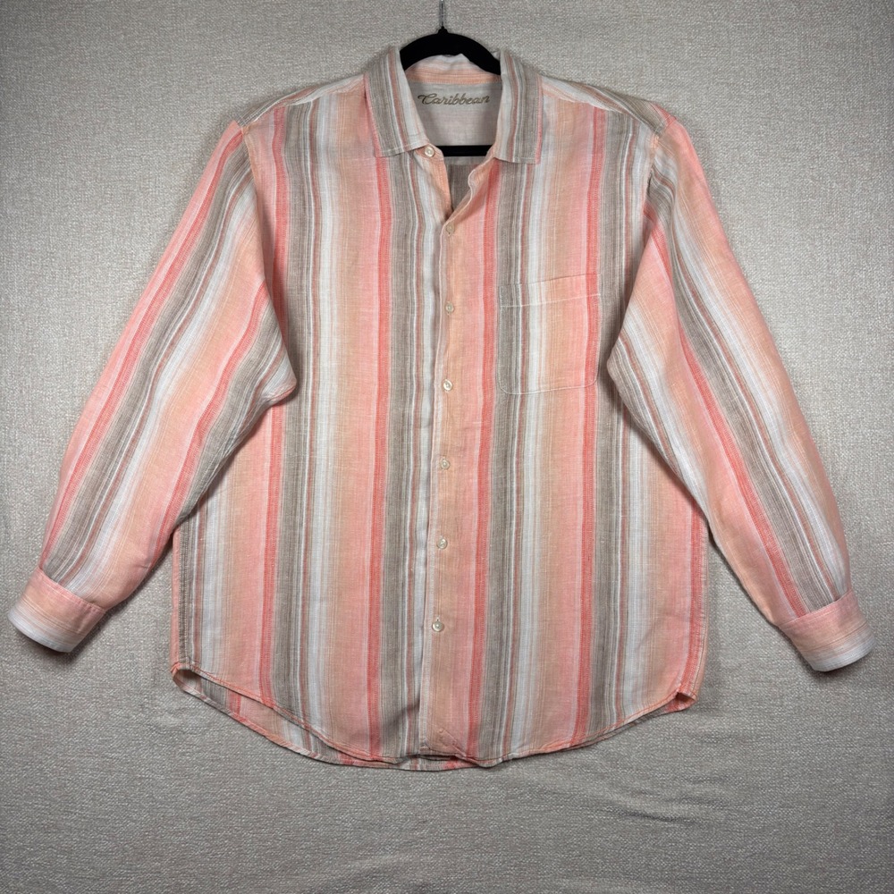 Caribbean Mens Linen Cotton Striped Button Down Shirt Coral Peach Tan Large